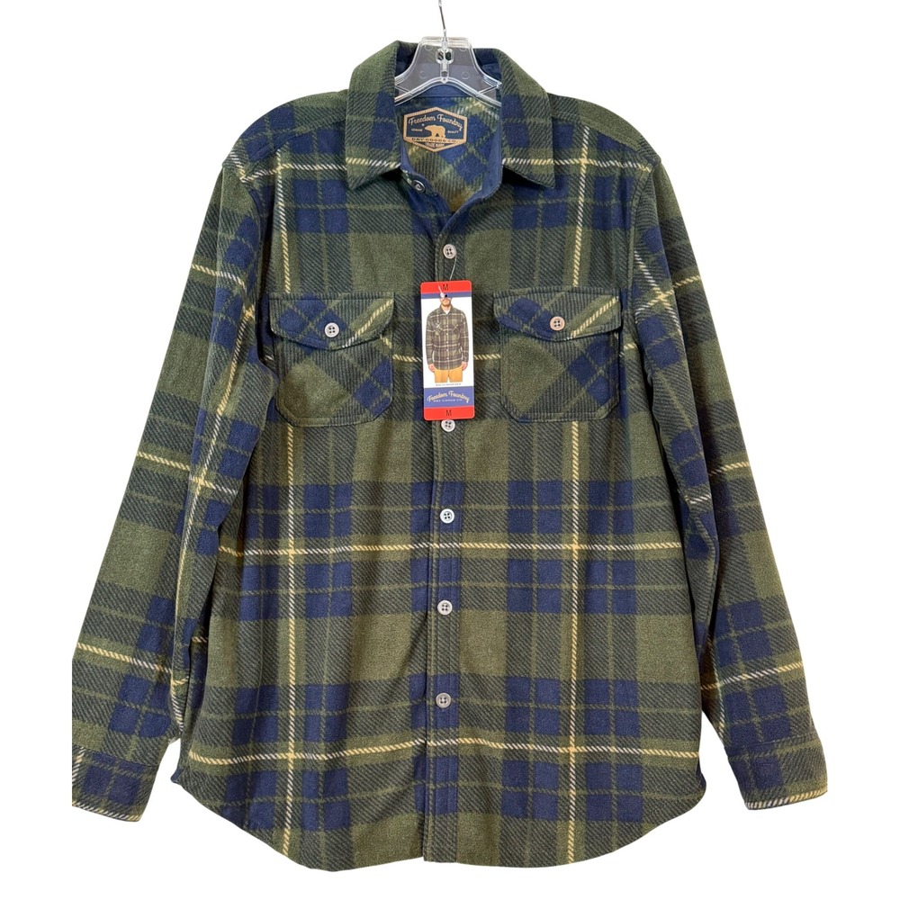 NWT Freedom Foundry Mens Plaid Fleece Shirt Jacket Rifle Green Navy Blue •M•